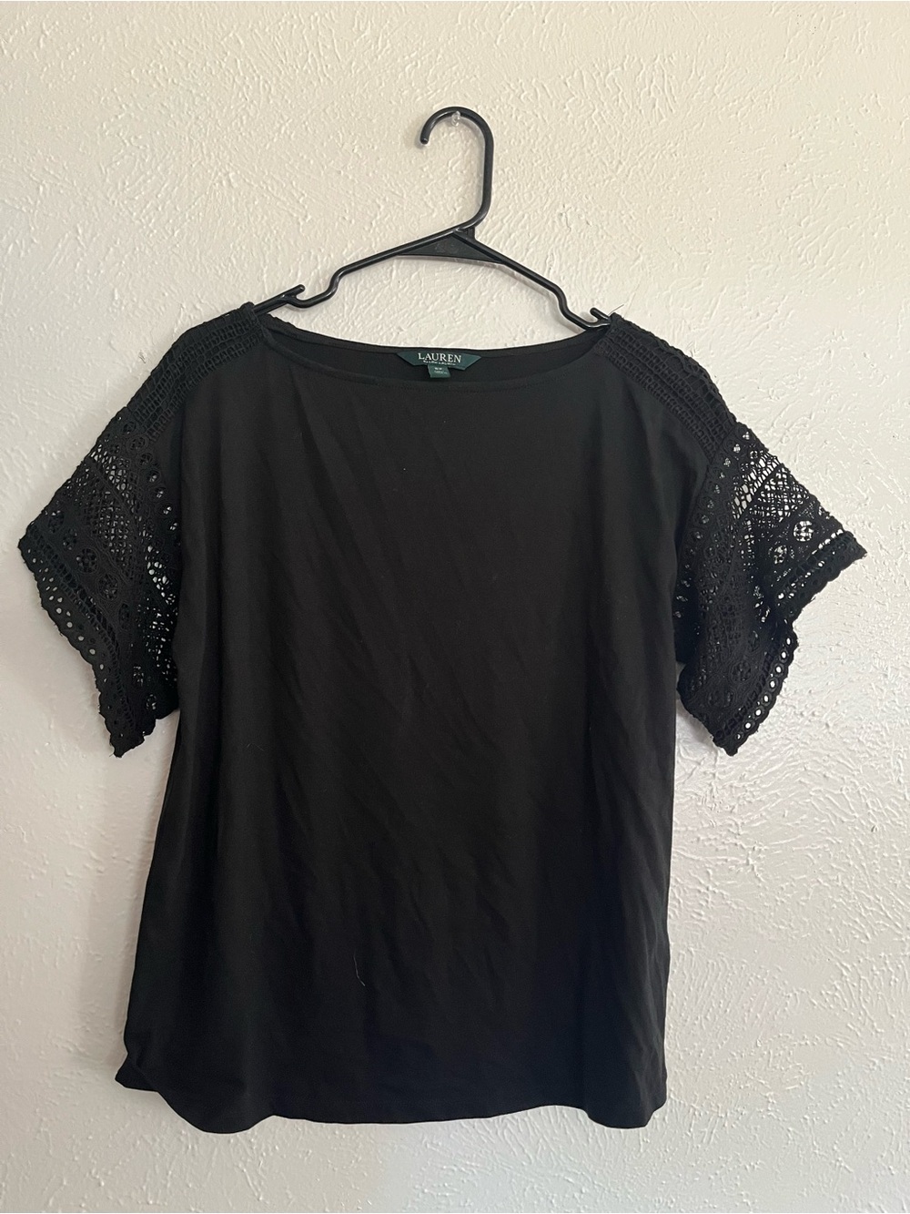 Lauren Ralph Lauren Black Crochet Sleeve Women's Top